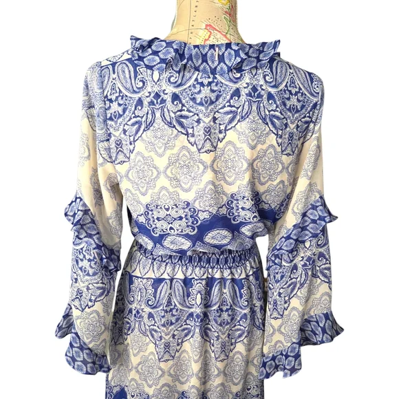 NWT MISA Imaan Size Small Blue White Multi Tile Ruffle Sheer High-Low Maxi Dress